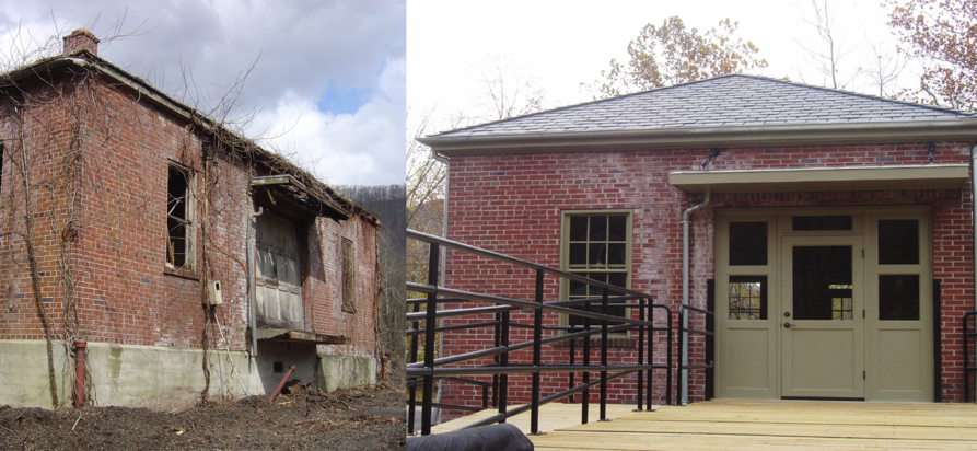 Before and after of brownfields webster springs site. A building in disrepair to the right, and the same buiding restored on the left.
