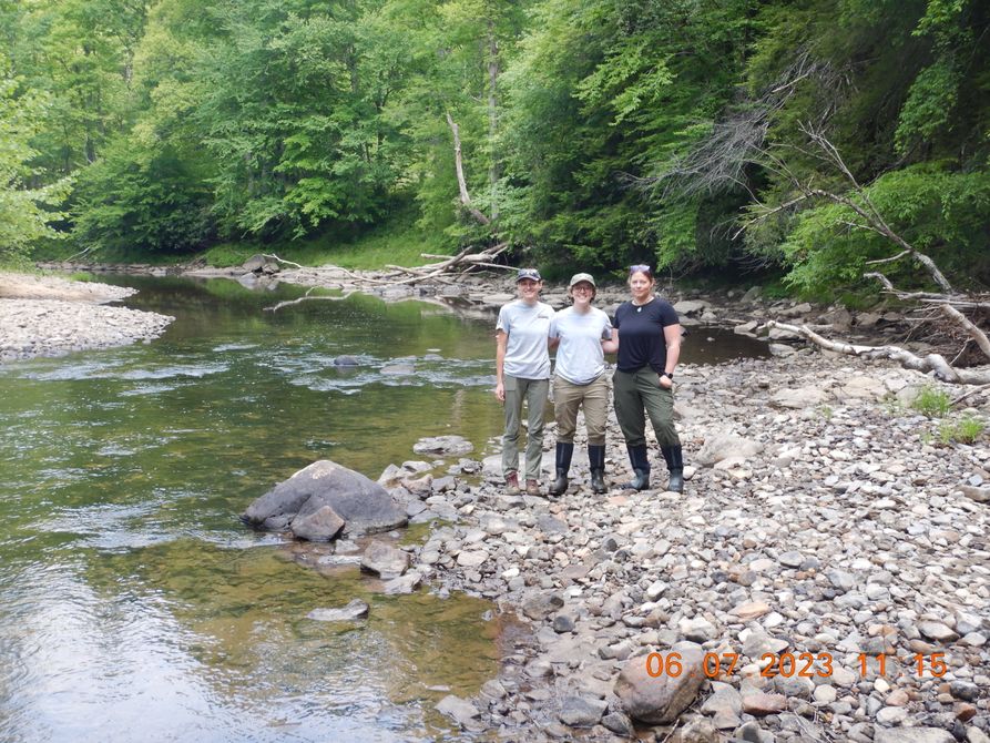 Three field technicians stand on the bank of the Buckhannon River. 